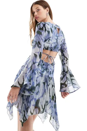 ASOS Pleated hanky hem mini dress in blue green abstract print
