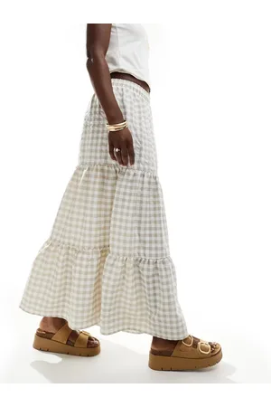 Miss Selfridge Tiered maxi gingham skirt in stone