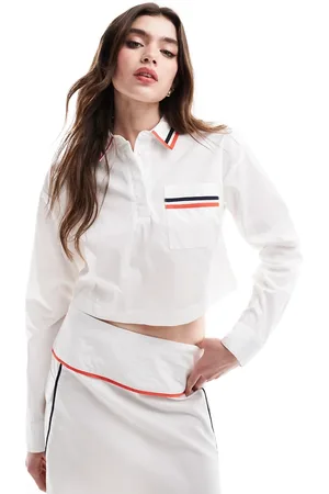 ASOS Piping detail long sleeve cropped co-ord shirt in