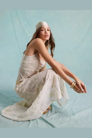Miss Selfridge Festival embroidered 3D floral sheer maxi dress in cream
