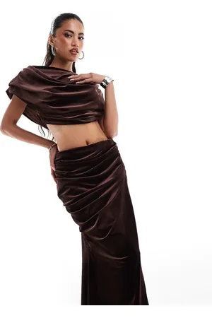 ASOS Premium velvet maxi dress with slashed neck in chocolate
