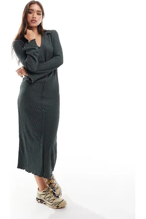 VILA Textured button front open collar midi dress in