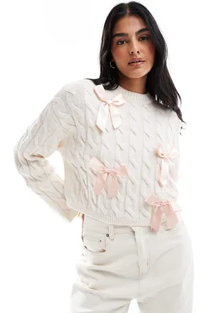 Miss Selfridge Satin bow detail knitted jumper in oatmeal