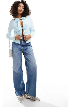 Pieces® Knitted cardigan with satin bow ribbon front in