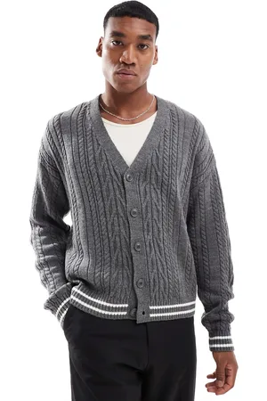ASOS Relaxed boxy fit cable knit cardigan in with ecru tipping