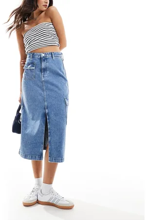 Tommy Hilfiger Claire utility denim midi skirt in mid wash