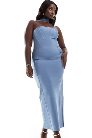 ASOS ASOS DESIGN Curve bandage bandeau midi dress with halter detail in steel blue