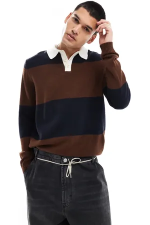 ASOS Knitted stripe rugby polo in and navy rib