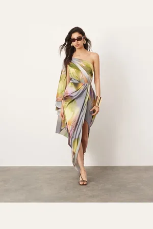 ASOS Satin one shoulder flare sleeve maxi dress with ruched waist detail in blurred floral