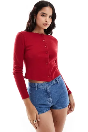 ASOS Pointelle shrunken button through long sleeve top in