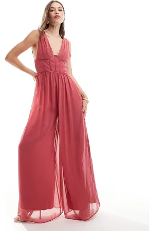 ASOS Button front plunge wide leg jumpsuit with contrast satin detail in dark pink