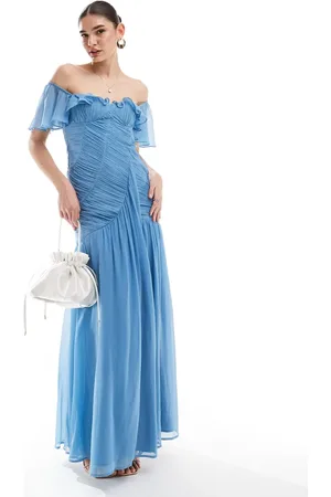 ASOS Frill bardot ruched maxi dress in