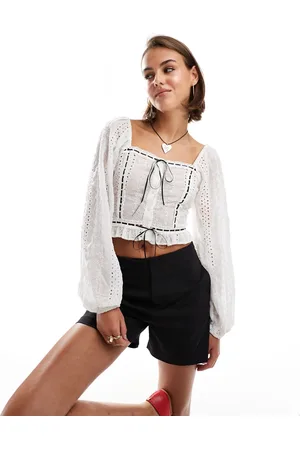 Miss Selfridge Broderie contrast ribbon trim detail blouse in ivory