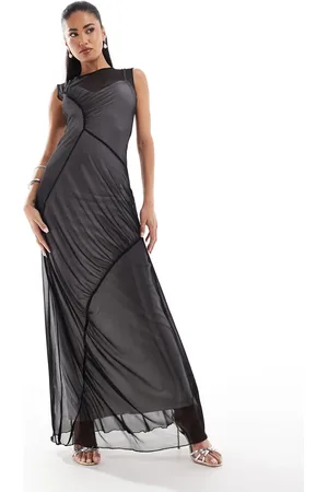 ASOS Mesh sleeveless ruched detail maxi dress in black