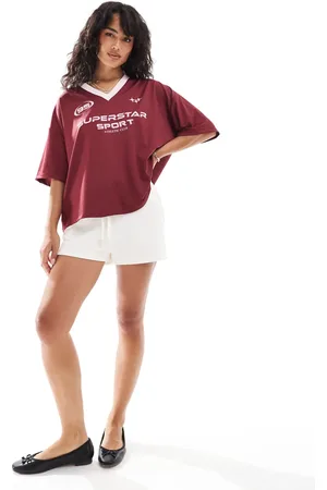 ASOS Oversized varsity shirt with sports graphic in burgundy
