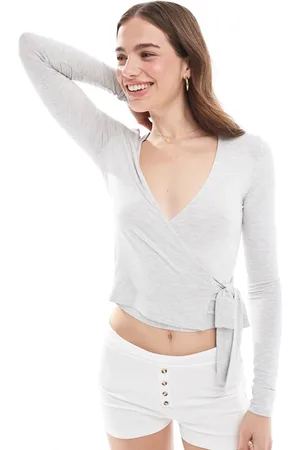 Miss Selfridge Long sleeve jersey wrap top in marl