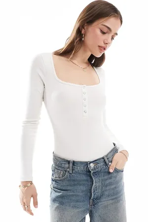 Miss Selfridge Long sleeve scoop neck henley popper bodysuit in ivory