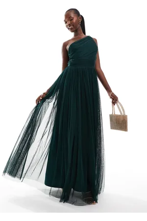 Lace & Beads Bridesmaid one shoulder tulle maxi dress in emerald