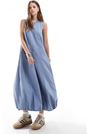 ASOS Sleeveless maxi tech dress with functioning toggle and puffball hem in ice