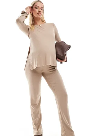 Mama;licious Mamalicious Maternity wide leg jersey trouser co-ord in beige