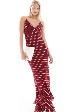 ASOS ASOS DESIGN Tall V neck strappy cross back maxi dress with raw edge details in burgundy spot