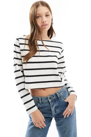Cotton On Cotton On boat neck long sleeve crop top in monochrome stripe