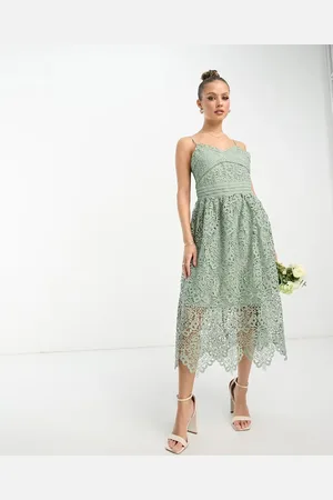 Y.A.S Bridesmaid embroidered strappy midi dress in sage - LGREEN