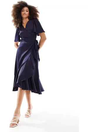 Y.A.S Bridesmaid satin wrap midi dress in