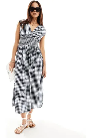 Y.A.S Shirred waist v neck midi dress in navy gingham