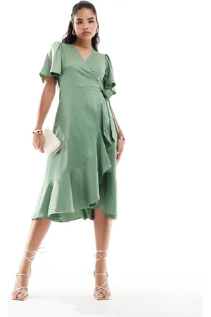 Y.A.S Bridesmaid satin wrap midi dress in - MGREEN