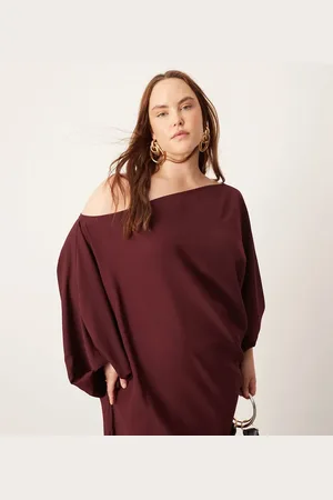 ASOS Curve satin slouchy off shoulder maxi dress in burgundy
