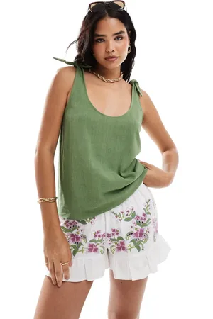 ASOS Linen look tie shoulder cami in khaki