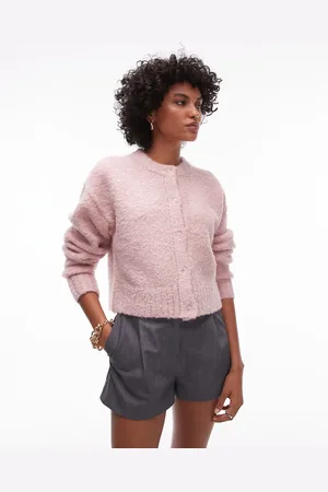Topshop Knitted crew boucle cardigan in pink