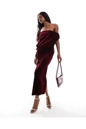 ASOS Dramatic neckline velvet midi dress in burgundy