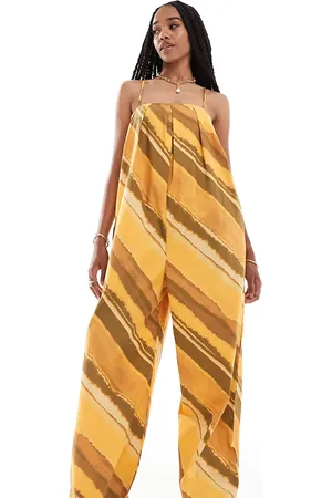 ASOS Tall pleated square neck wide leg jumpsuit in orange stripe print