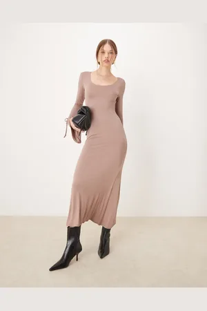 ASOS Scoop long bow detail fluted sleeve midi dress in beige