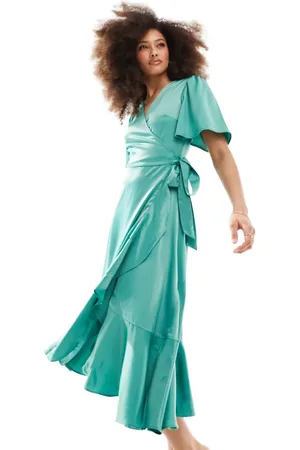 Y.A.S Bridesmaid satin wrap midi dress in - MGREEN