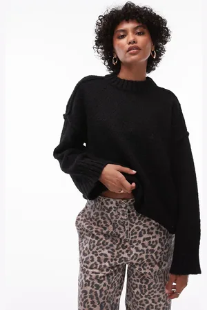 Topshop Knitted fluffy rib detail exposed seam crew oversized jumper in black
