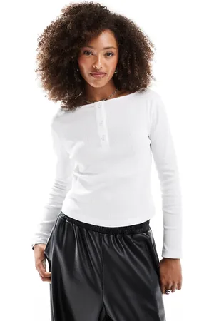 ASOS Sheer rib button through long sleeve top in ivory