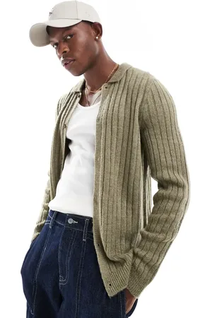 ASOS Brushed ribbed knitted collar cardigan in khaki