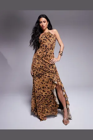 ASOS Mesh halter maxi dress with ruffle split in leopard print