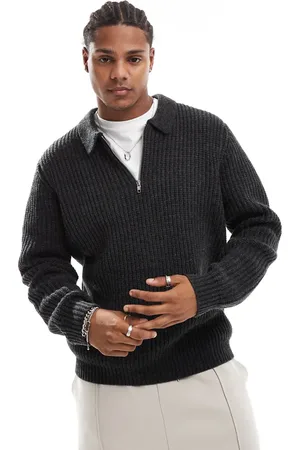 ASOS Wool mix oversized heavyweight quarter zip rib knitted jumper with collar in charcoal