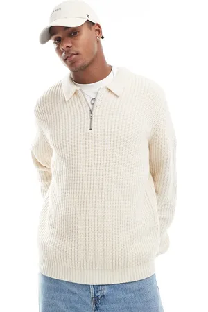 ASOS Knitted wool mix oversized heavyweight quarter zip rib jumper with collar in oatmeal