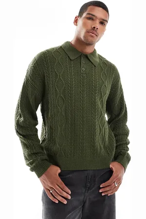 ASOS Relaxed cable knit polo jumper in khaki