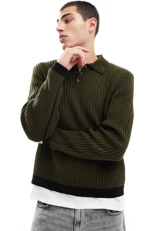 ASOS Knitted relaxed boxy polo jumper with contrast stripe in khaki