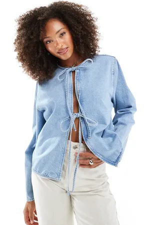 ASOS Denim long sleeve tie front top in mid