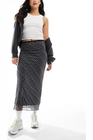 Pull&Bear Lace trim mesh maxi skirt in check