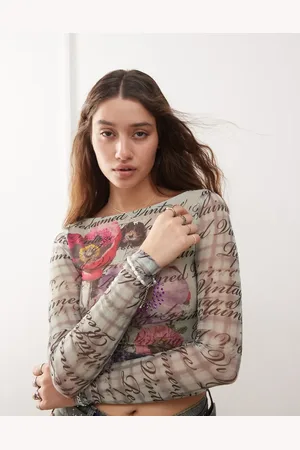 Reclaimed Long sleeve slash neck mesh top with flower and script print