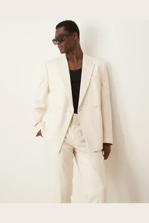 ASOS Slim double breasted suit jacket in cream geo jacquard