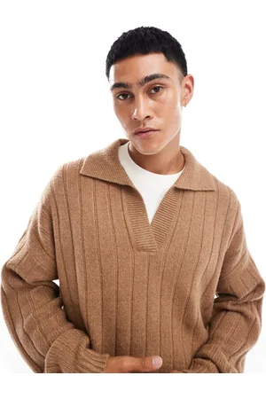 ASOS Knitted oversized rib notch jumper in tan marl